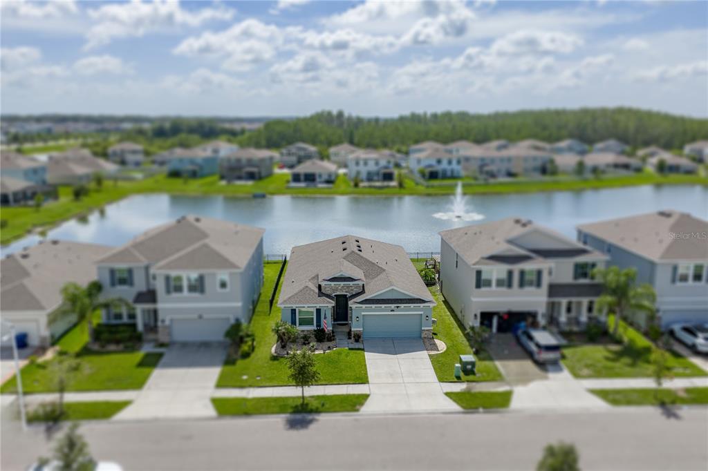 An aerial view shows a suburban house with a light blue exterior facing a lake — 8382 BOWER BASS CIRCLE, WESLEY CHAPEL, FL