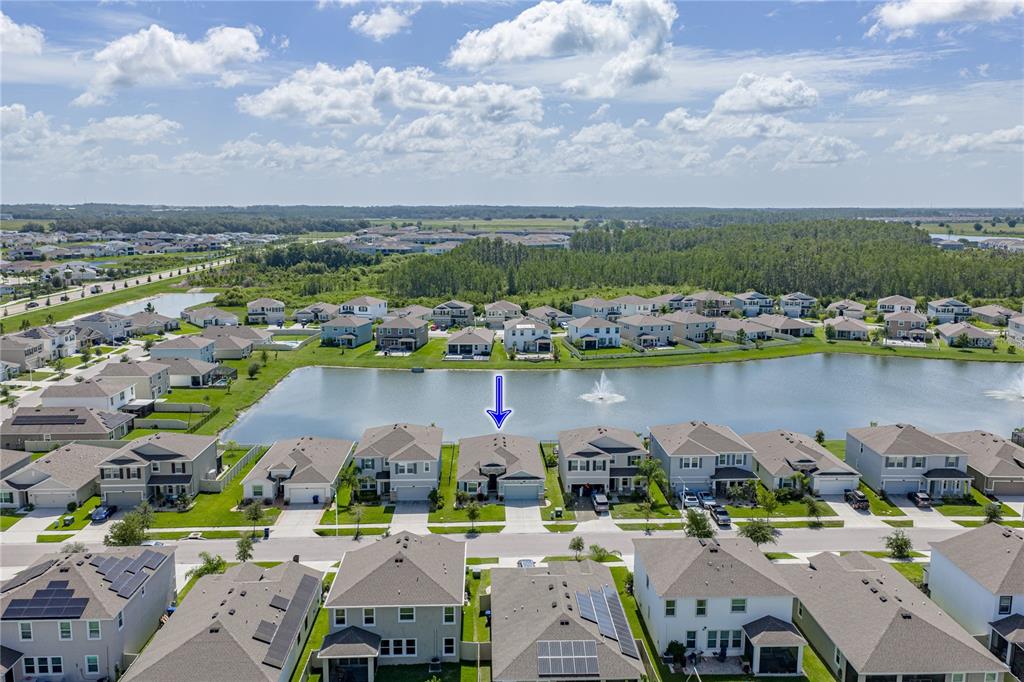 An aerial view shows a suburban neighborhood with houses surrounding a central retention pond — 8382 BOWER BASS CIRCLE, WESLEY CHAPEL, FL