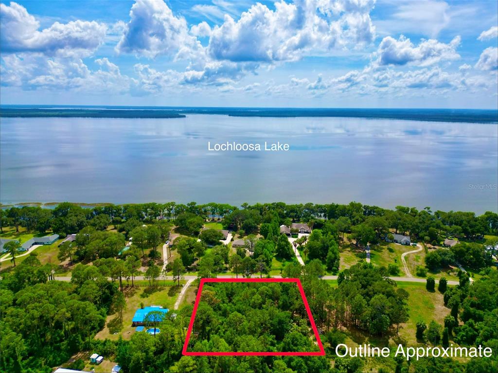 An aerial view shows a wooded lot outlined in red near Lochloosa Lake — 14029 SE 201ST TER, HAWTHORNE, FL