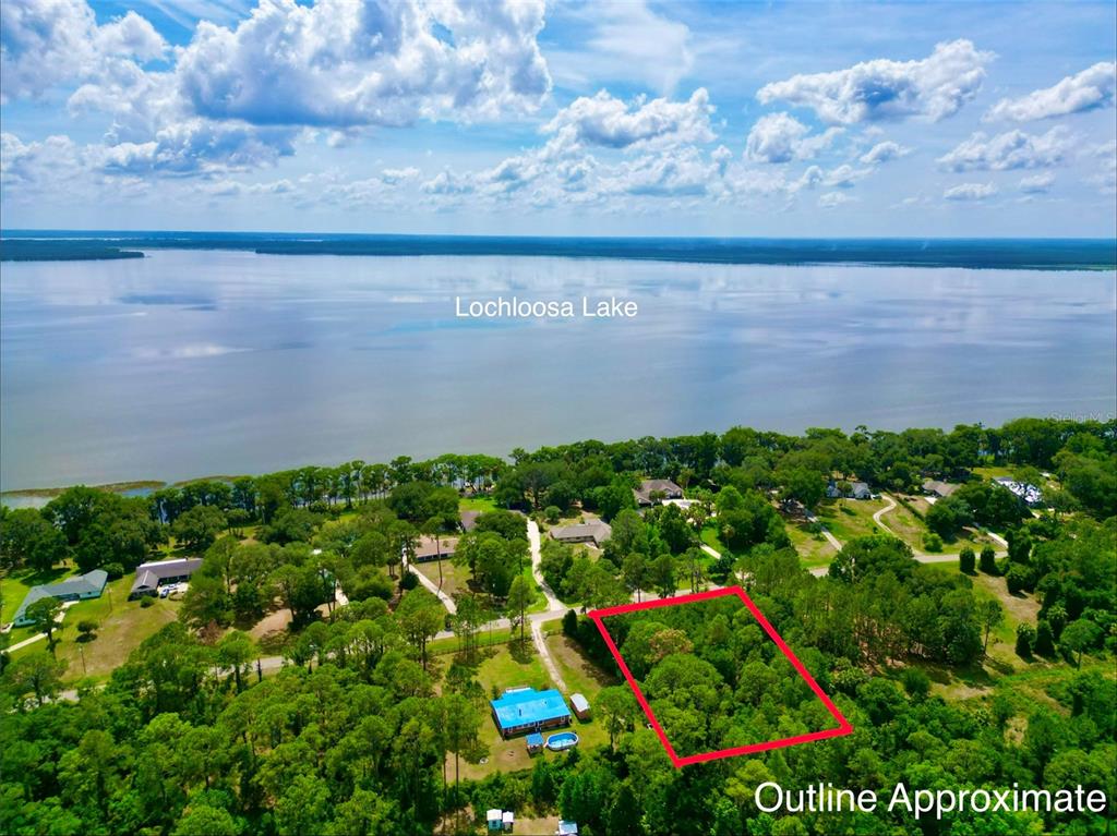 An aerial view shows a wooded lot outlined in red near Lochloosa Lake — 14029 SE 201ST TER, HAWTHORNE, FL