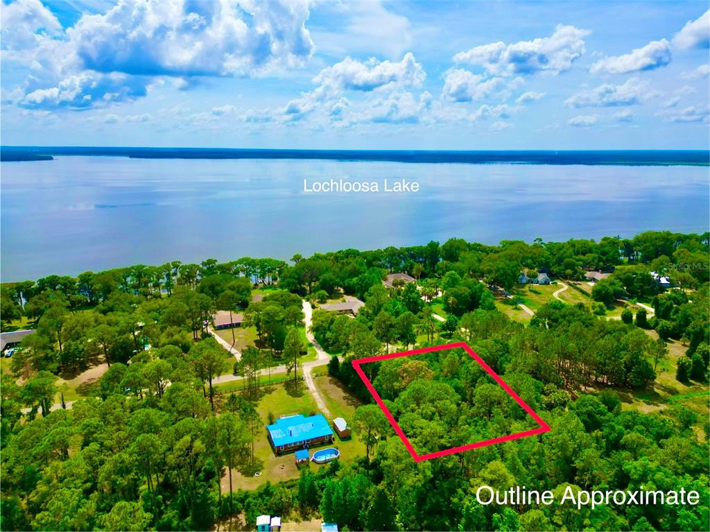An aerial view shows a wooded lot outlined in red near Lochloosa Lake — 14029 SE 201ST TER, HAWTHORNE, FL