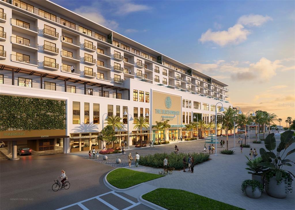 This is a digital architectural rendering of a multi-story building with balconies and a plaza — 15000 MADEIRA WAY UNIT 705, MADEIRA BEACH, FL