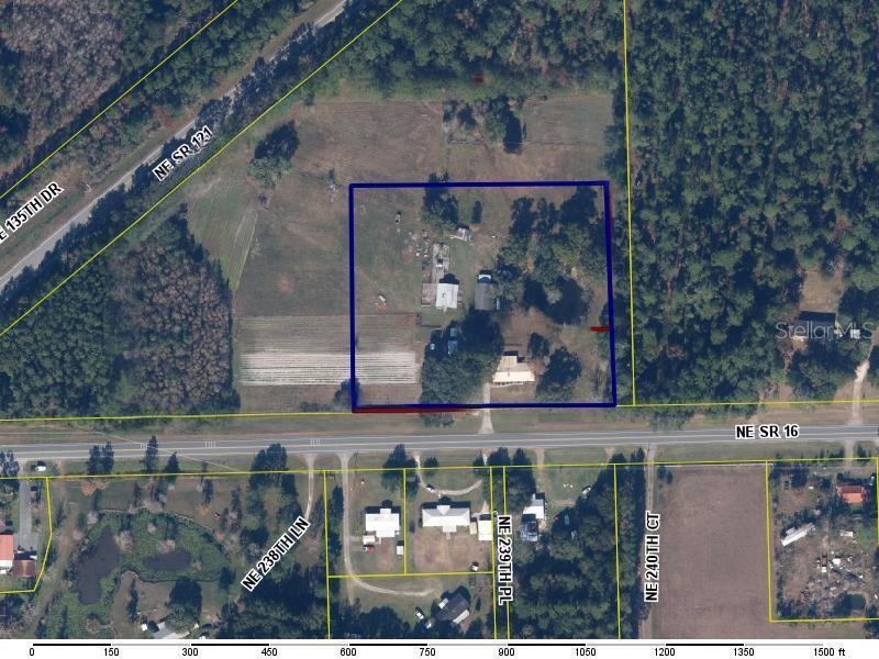 An aerial map view shows a rectangular property lot bordered by roads and trees — NE STATE ROAD 16, RAIFORD, FL