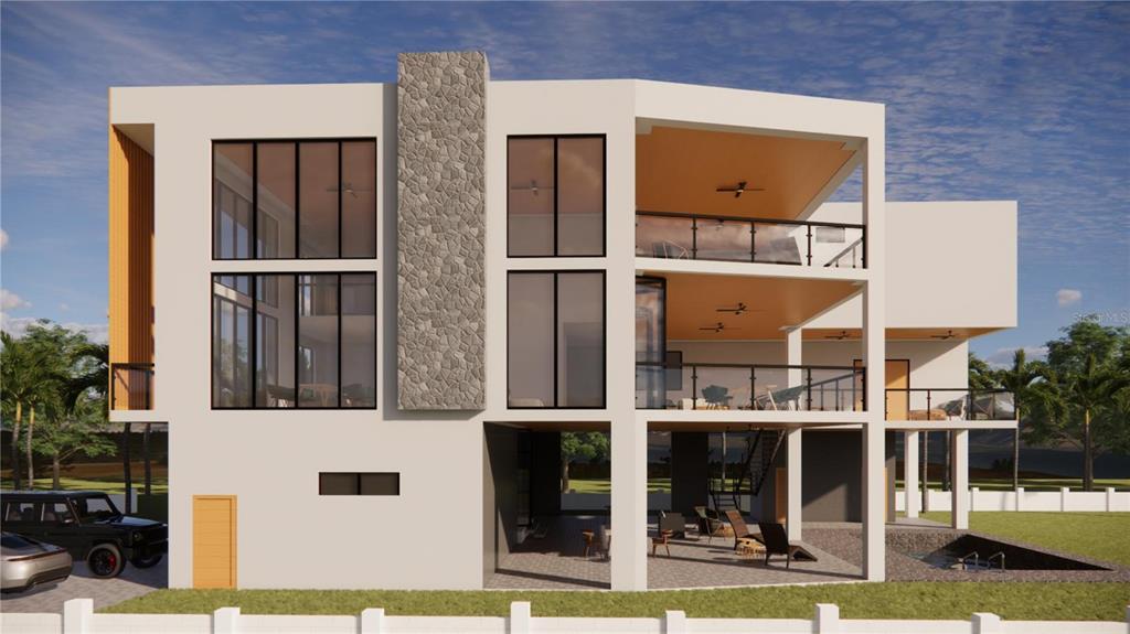 This is a 3D architectural rendering of a modern multi-story home with exterior staircases and balconies — 11325 4TH STREET E, TREASURE ISLAND, FL
