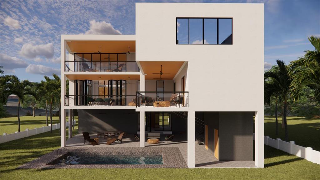 This is a rendering of a modern three-story home with a stone chimney and balconies — 11325 4TH STREET E, TREASURE ISLAND, FL