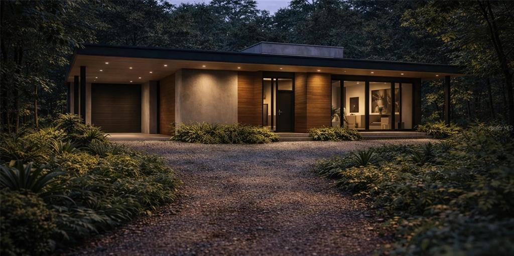 This is a rendering of a modern single-story home with wood siding and a garage — 936 PARADISE BOULEVARD, GEORGETOWN, FL