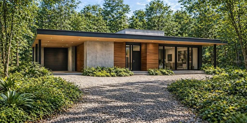 This is a rendering of a modern, single-story home with wood siding and a gravel driveway — 936 PARADISE BOULEVARD, GEORGETOWN, FL