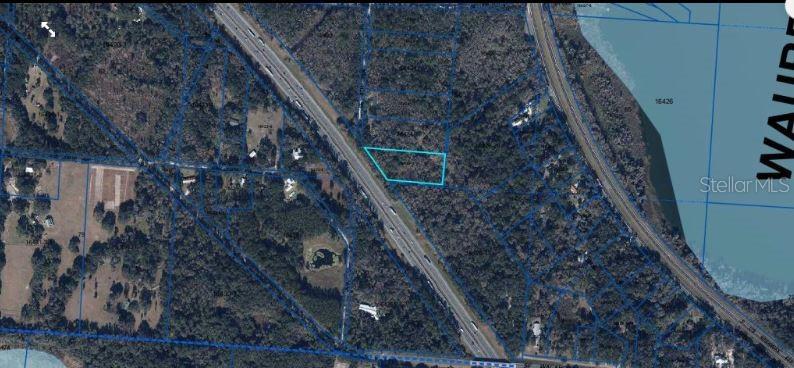 An aerial map shows a highlighted parcel of land situated between a highway and water — SE WACAHOOTA RD, MICANOPY, FL