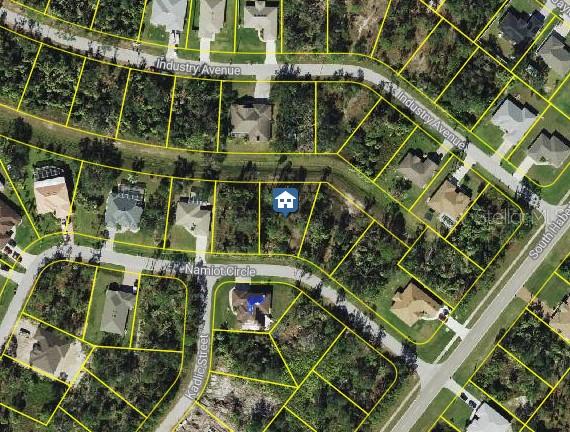 This is an aerial map view of a residential lot in a suburban neighborhood — NAMIOT CIRCLE, NORTH PORT, FL