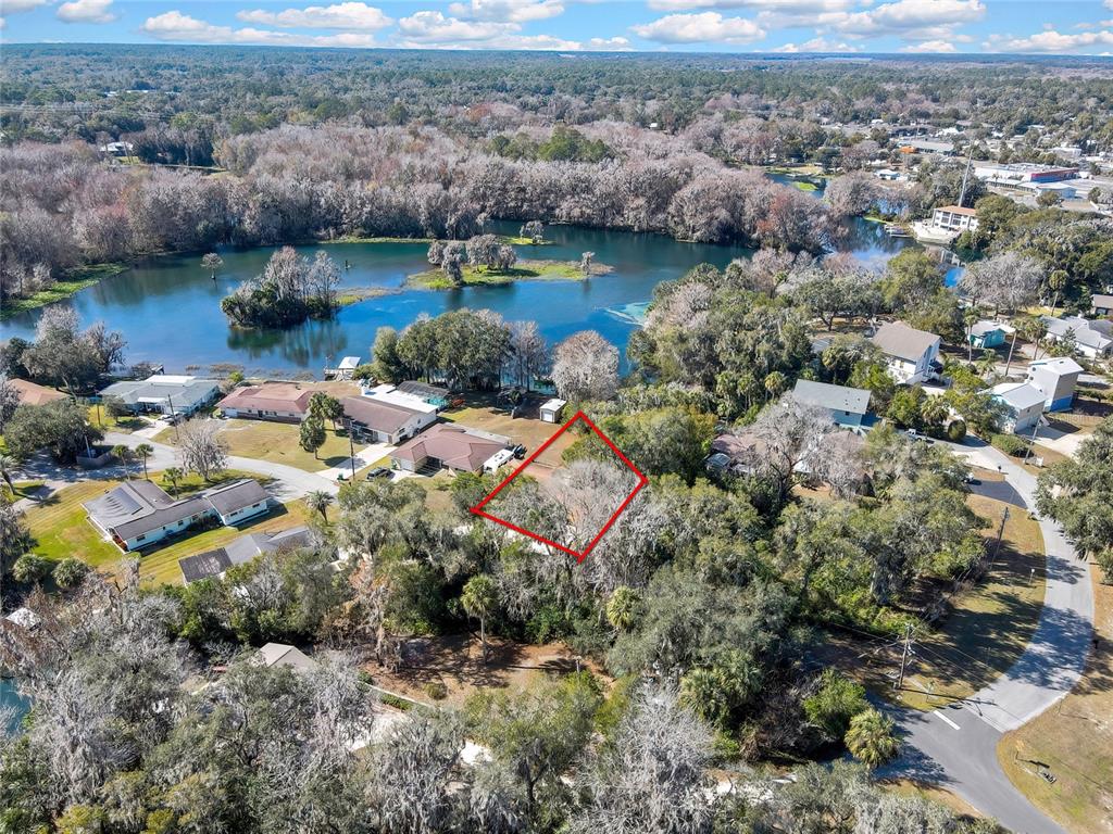 An aerial view shows a vacant, tree-covered residential lot outlined in red near a lake — 12130 MAPLE STREET, DUNNELLON, FL