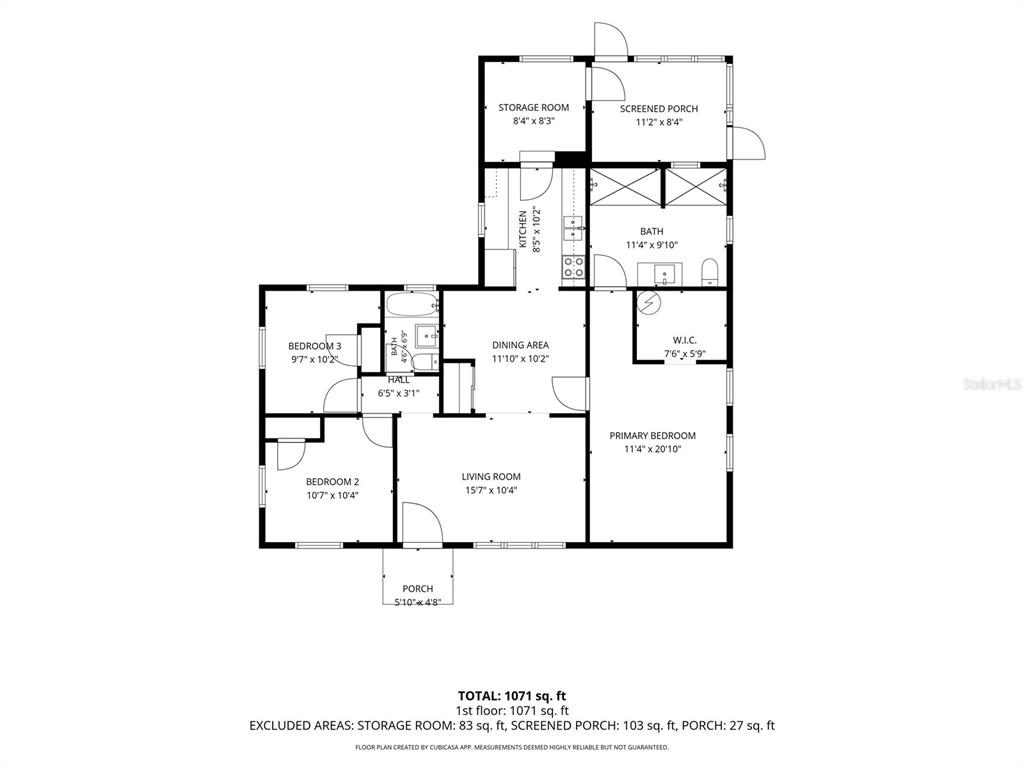 This floor plan shows a three-bedroom, two-bathroom home with a kitchen, living room, and porch — 6007 CORSON AVENUE, NEW PORT RICHEY, FL