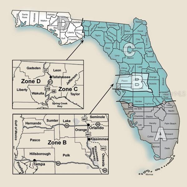 This map displays Florida divided into four geographic zones labeled A, B, C, and D — CR 772B, WEBSTER, FL