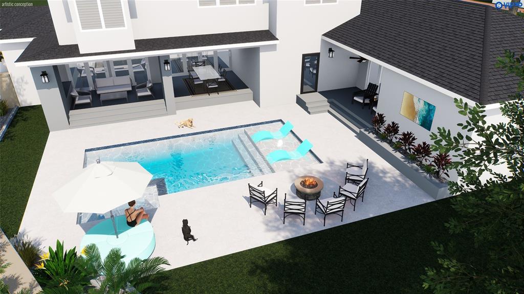 This 3D rendering shows a backyard with a swimming pool, patio, fire pit, and seating — 1745 GOLF VIEW DRIVE, BELLEAIR, FL