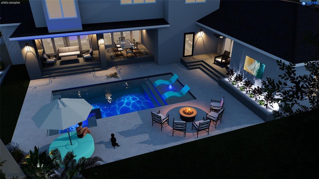 This architectural rendering shows a modern backyard with a swimming pool, fire pit, and patio — 1745 GOLF VIEW DRIVE, BELLEAIR, FL