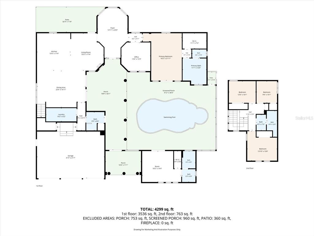 This is a floor plan showing a two-story house with a swimming pool and porches — 1424 JUMANA LOOP, APOLLO BEACH, FL