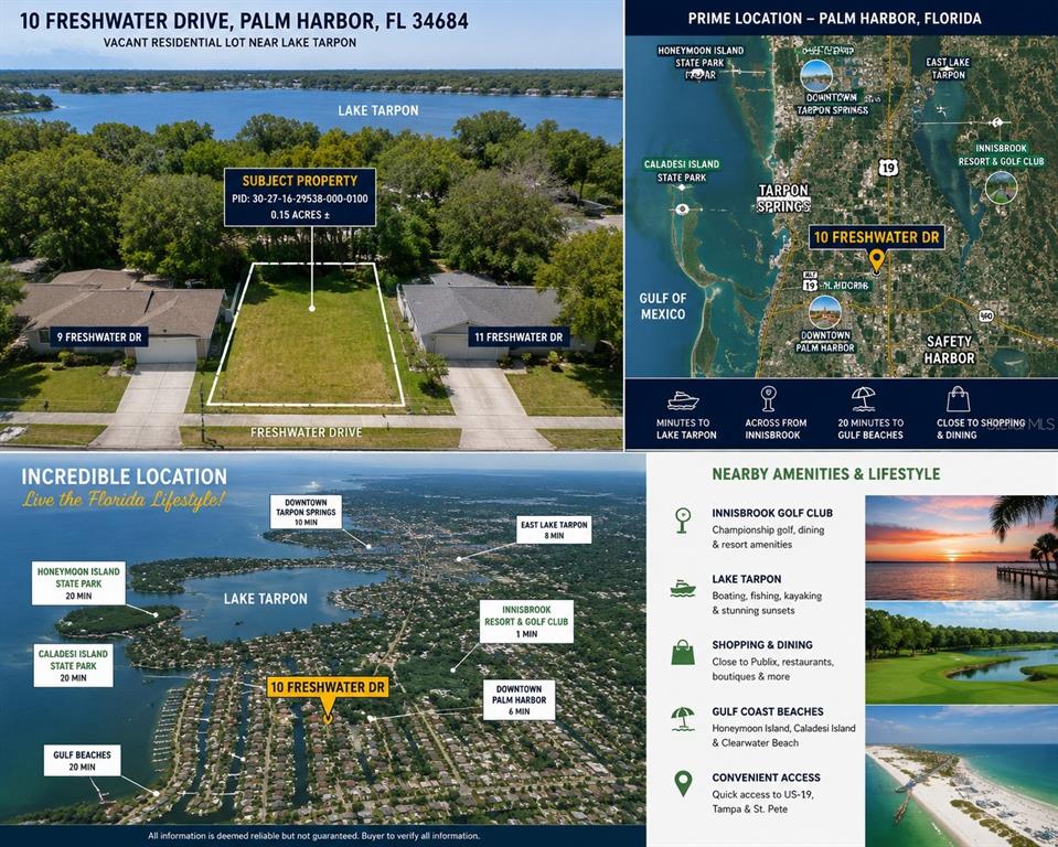 This image is a real estate marketing flyer featuring maps and photos of a vacant lot — 10 FRESHWATER DRIVE, PALM HARBOR, FL