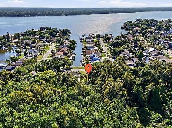 An aerial view shows a wooded lot marked with a pin near a residential canal — 10 FRESHWATER DRIVE, PALM HARBOR, FL