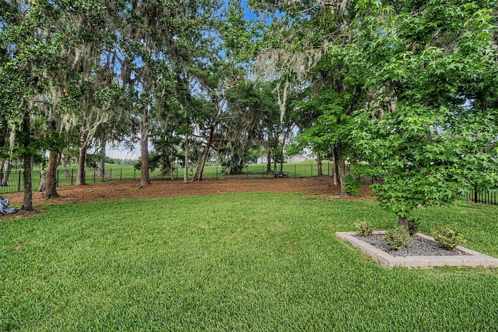 A grassy backyard features a small stone-bordered tree bed and a black metal fence — 4926 SOUTHERN VALLEY LOOP, BROOKSVILLE, FL