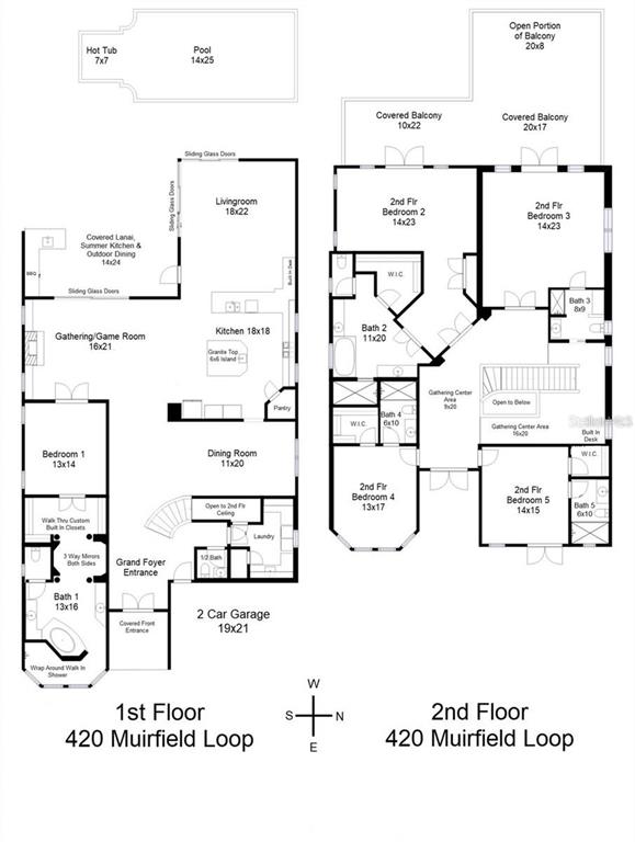 This floor plan shows the first and second levels of a house with a pool — 420 MUIRFIELD LOOP, REUNION, FL