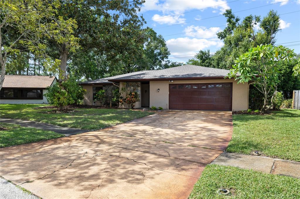 A single-story house with a brown garage door, a cracked driveway, and surrounding trees — 3307 DEL PRADO COURT, TAMPA, FL
