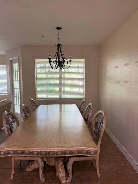 A dining room features a long wooden table, ornate chairs, and a black metal chandelier — 7460 TERRACE RIVER DRIVE, TEMPLE TERRACE, FL