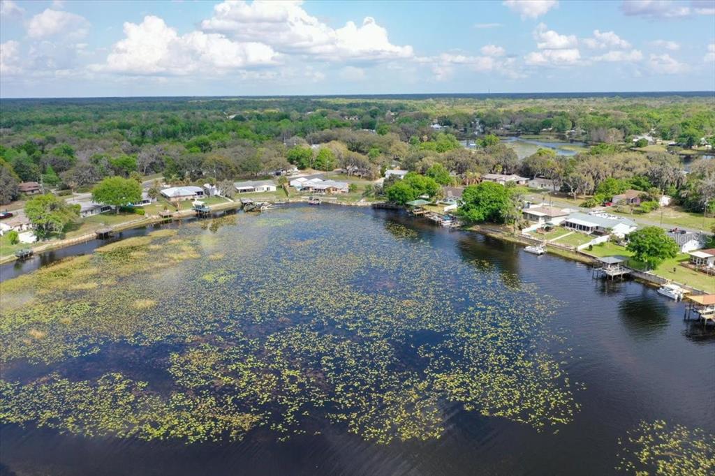An aerial view shows a lake surrounded by residential houses and lush green trees — 9103 E AQUA VISTA DRIVE, INVERNESS, FL
