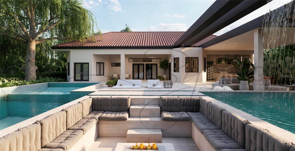 This architectural rendering shows a sunken fire pit lounge surrounded by a swimming pool — 10473 CROMWELL GROVE TERRACE, ORLANDO, FL