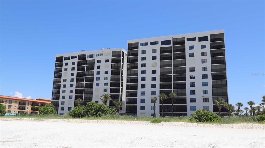 A view of a beach and ocean seen through a screened-in balcony with palm trees — 900 GULF BOULEVARD UNIT 302, INDIAN ROCKS BEACH, FL