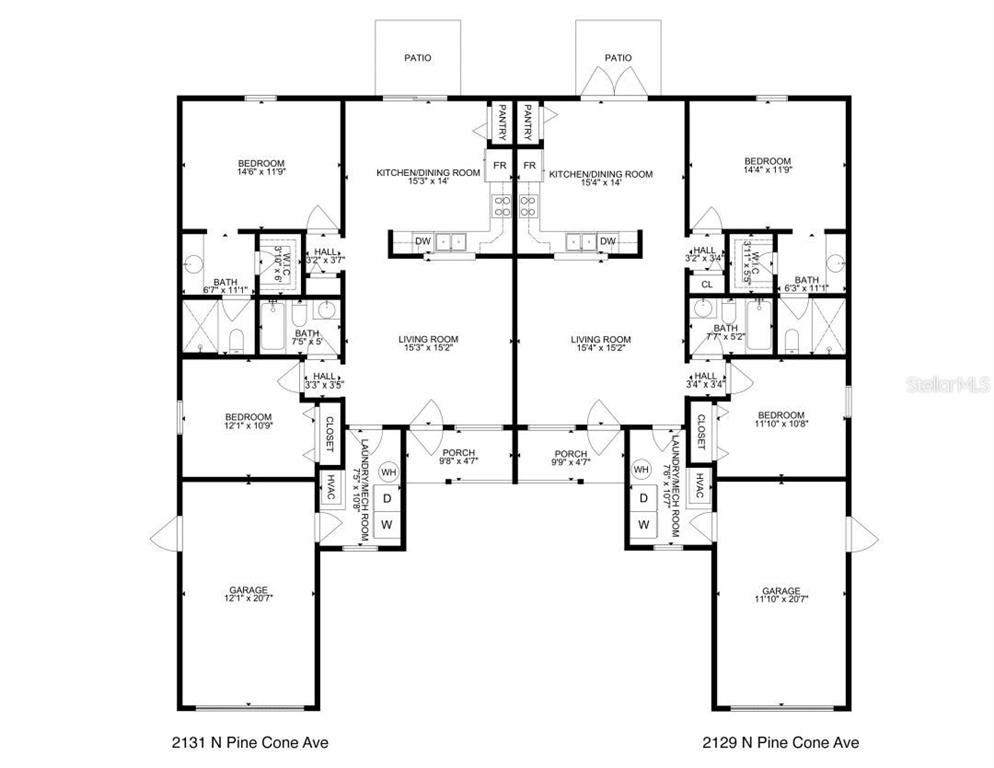 This is a floor plan for a duplex featuring two mirrored residential units — 2129 N PINE CONE AVENUE, LECANTO, FL