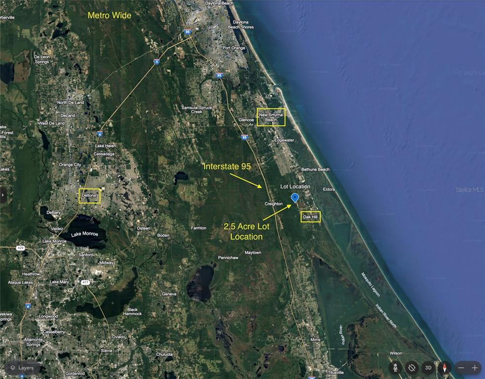 This map shows the location of a 2.5-acre lot near Oak Hill, Florida — UNIMPROVED, OAK HILL, FL
