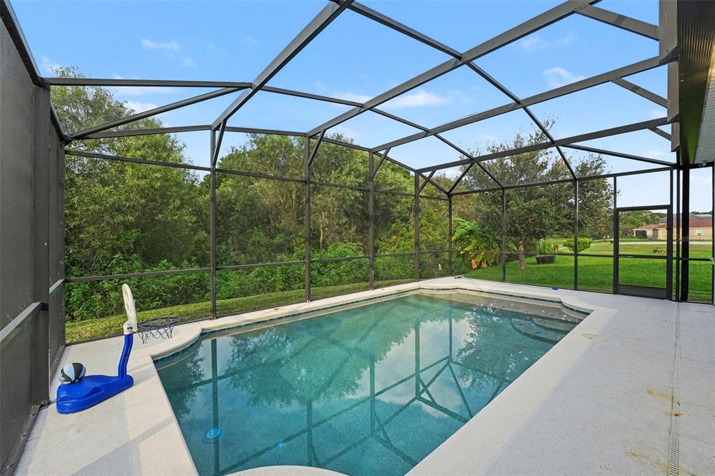 A screened-in swimming pool with a basketball hoop sits on a concrete patio — 2912 BOATING BOULEVARD, KISSIMMEE, FL
