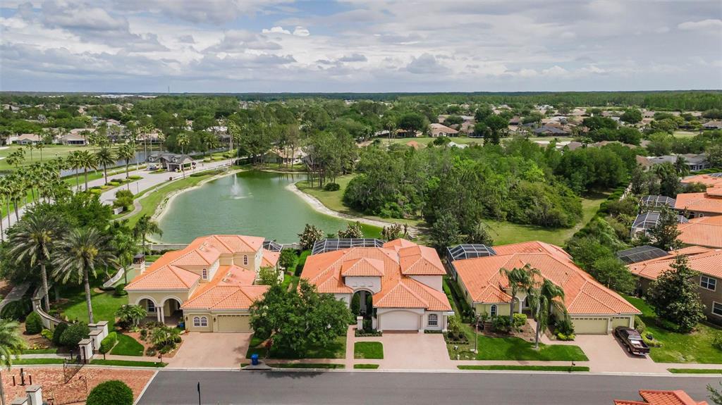 An aerial view shows three suburban houses with orange tile roofs near a small lake — 1246 TUSCANY DRIVE, TRINITY, FL