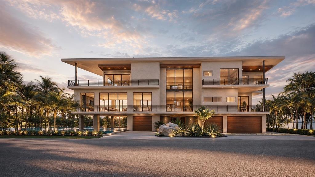 This is a rendering of a modern three-story waterfront home at sunset — 2542 CASEY KEY ROAD, NOKOMIS, FL