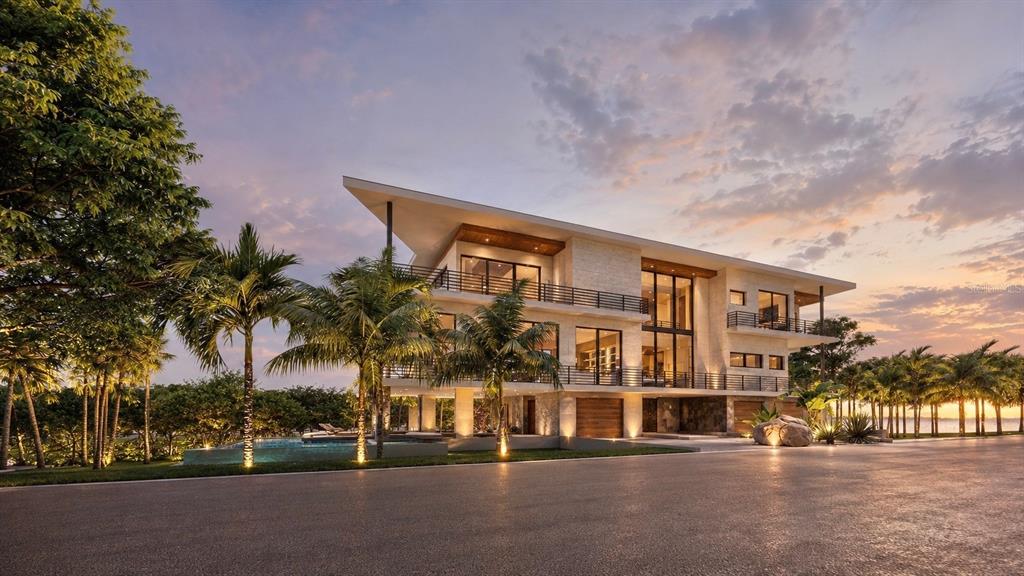 This is a rendering of a modern three-story waterfront home with a pool and balconies — 2542 CASEY KEY ROAD, NOKOMIS, FL