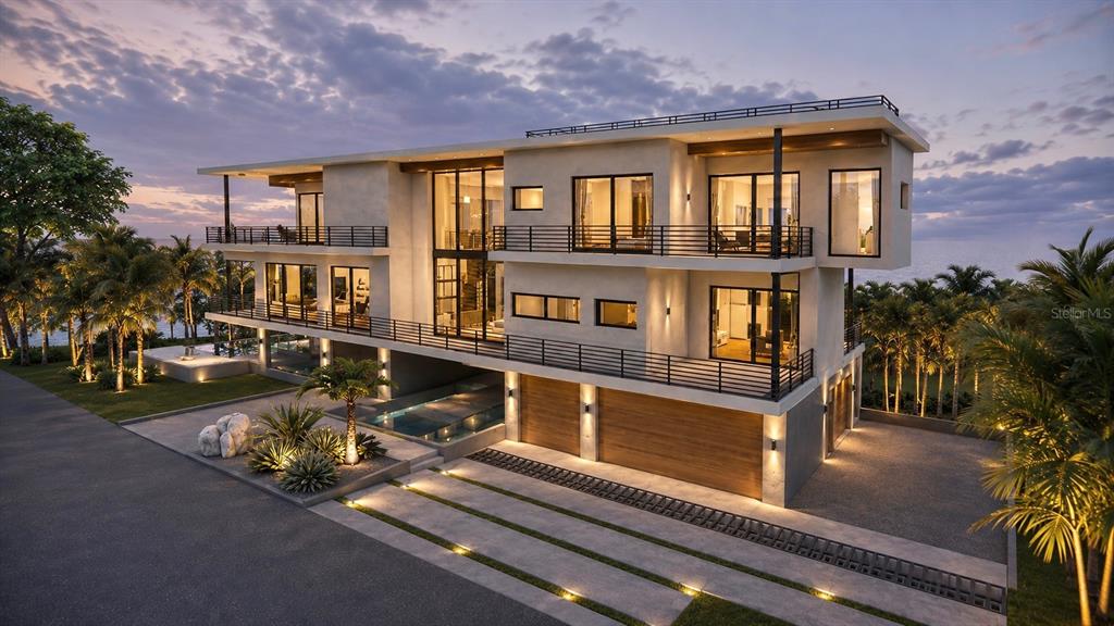 A modern multi-story home with balconies and palm trees at sunset, shown as a rendering — 2542 CASEY KEY ROAD, NOKOMIS, FL