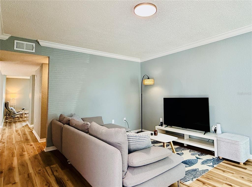 A living room features a gray sectional sofa, a television on a white stand, and wood-look flooring — 724 HAVEN PLACE UNIT 724, TARPON SPRINGS, FL
