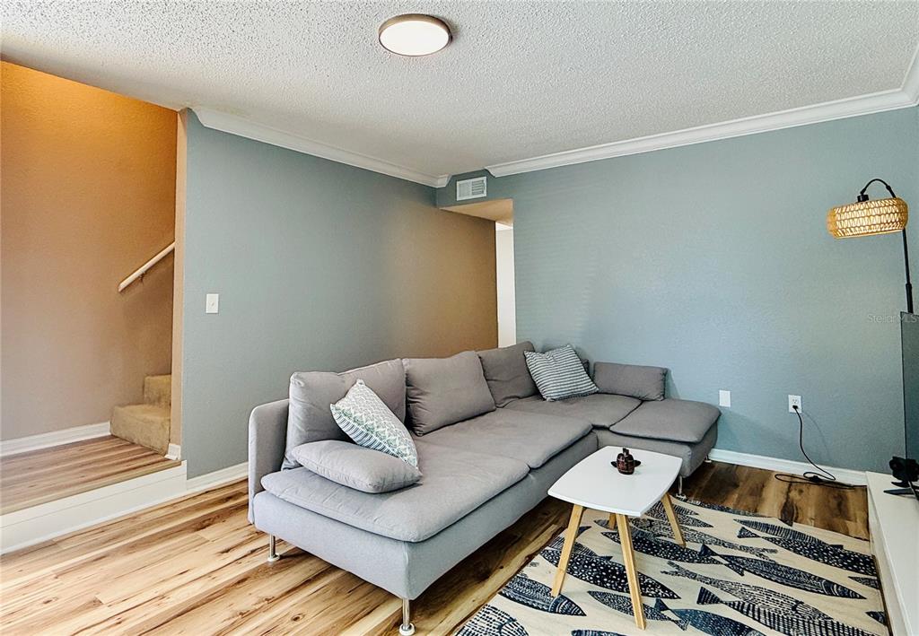 A living room features light blue walls, wood-look flooring, a gray sectional sofa, and a rug — 724 HAVEN PLACE UNIT 724, TARPON SPRINGS, FL