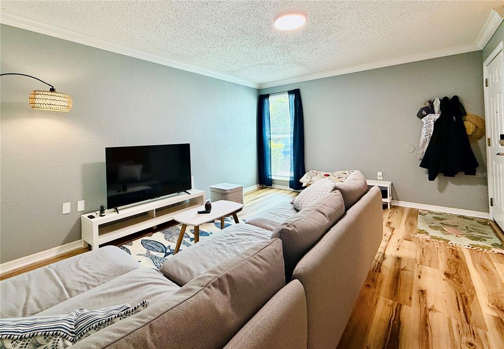 A living room features a gray sectional sofa, a television on a stand, and wood flooring — 724 HAVEN PLACE UNIT 724, TARPON SPRINGS, FL