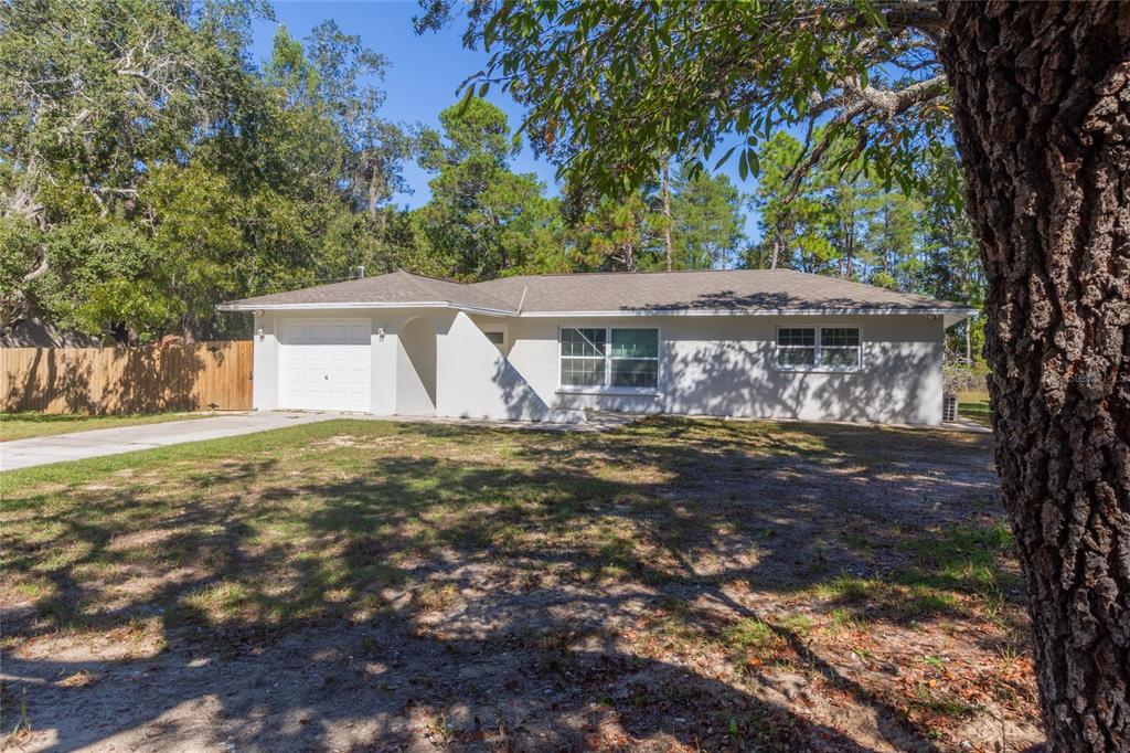 A single-story house with a white stucco exterior, a one-car garage, and a concrete driveway — 6447 BRANDY DRIVE, SPRING HILL, FL