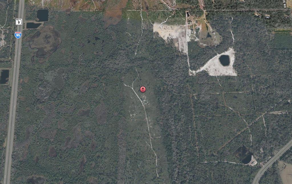 This aerial map shows a large, undeveloped wooded lot with dirt trails near a highway — TBD COUNTY ROAD, OAK HILL, FL