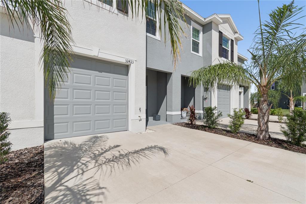 A two-story townhouse exterior features a gray garage door, concrete driveway, and palm trees — 32423 TURTLE GRACE LOOP, WESLEY CHAPEL, FL