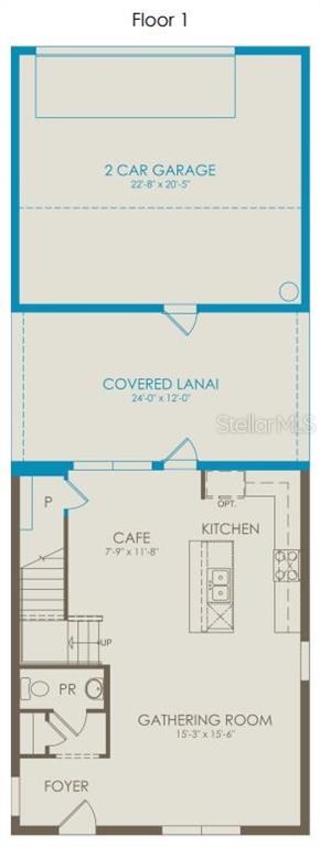 This floor plan shows the first level of a home with a garage, lanai, and kitchen — 5022 SHRUB LEAF ALLEY, ST CLOUD, FL