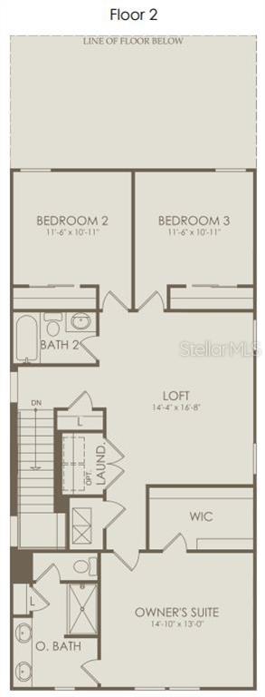 This floor plan shows the second level of a home with three bedrooms and a loft — 5022 SHRUB LEAF ALLEY, ST CLOUD, FL