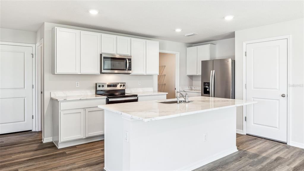 A kitchen features white cabinets, a marble-topped island, stainless steel appliances, and wood-look flooring — 1729 COBB TRAIL, PARRISH, FL
