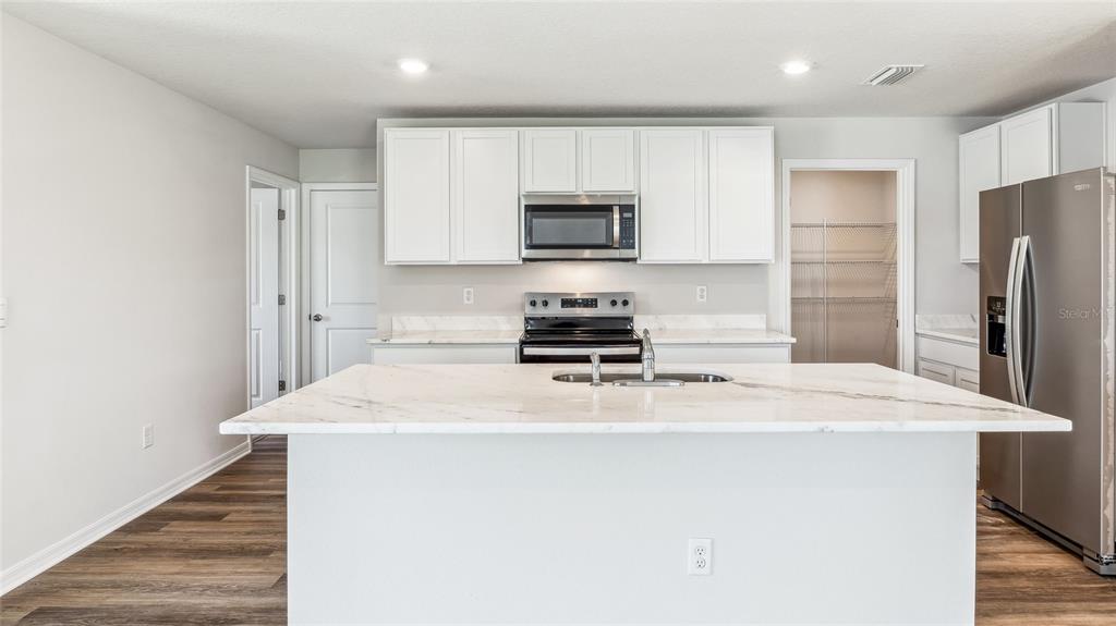 A kitchen features white cabinets, stainless steel appliances, and a large marble-topped island — 1729 COBB TRAIL, PARRISH, FL