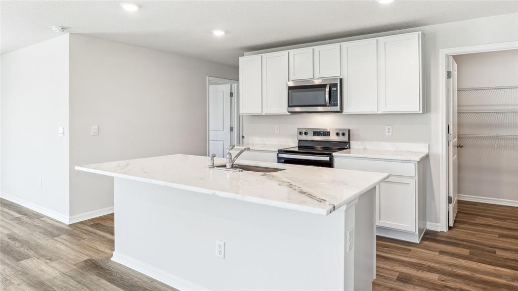 A kitchen with white cabinets, a marble-topped island, stainless steel appliances, and wood-look flooring — 1729 COBB TRAIL, PARRISH, FL