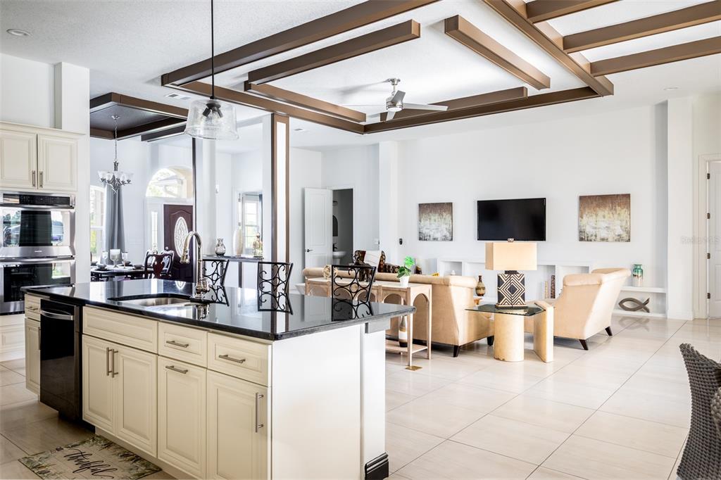 A kitchen island with black countertops sits in front of an open-concept living room — 41289 COUNTY ROAD 452, LEESBURG, FL