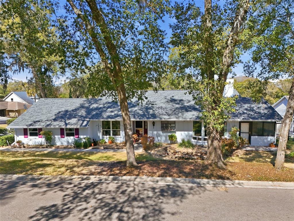 A single-story house with a gray shingled roof and light-colored siding sits behind large trees — 58 TOWNHILL DRIVE, EUSTIS, FL