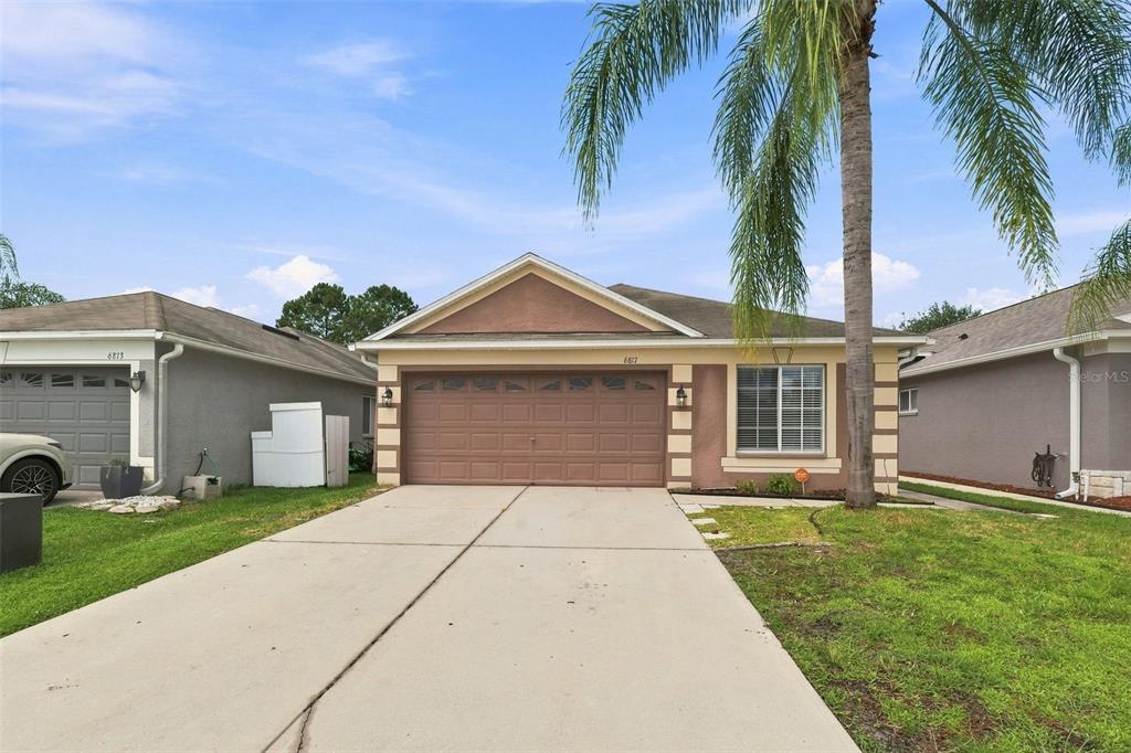 A single-story house with a brown garage door, tan stucco exterior, and a palm tree — 6817 ARAMON COURT, WESLEY CHAPEL, FL