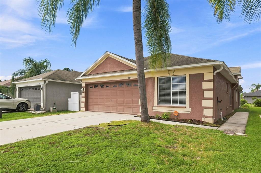 A single-story house with a brown stucco exterior, a two-car garage, and a palm tree — 6817 ARAMON COURT, WESLEY CHAPEL, FL